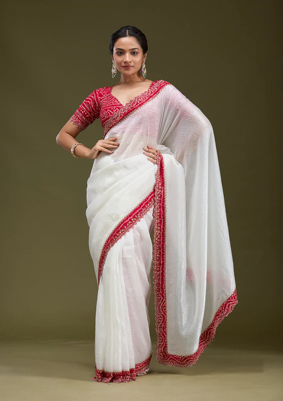 White Cutdana Tissue Saree